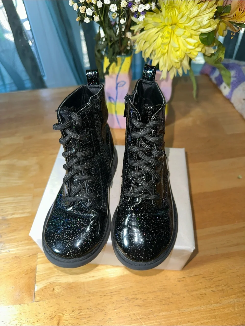 🤩Girls' Black Glitter Lace-Up Ankle Boots - Sparkle Finish. 🎁3